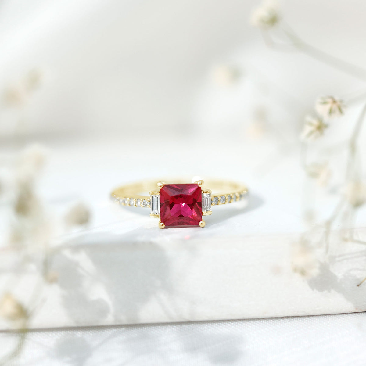 1.5 Carat Princess Cut Lab Created Ruby Engagement Ring With Diamond