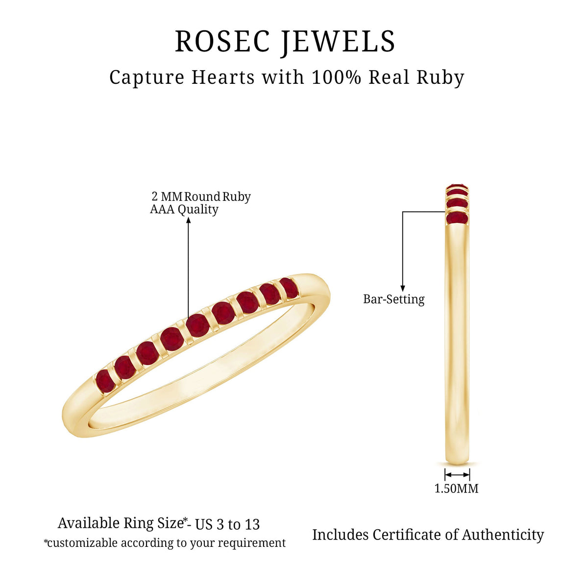 0.5 Carat Natural Round Ruby Half Eternity Band Ring