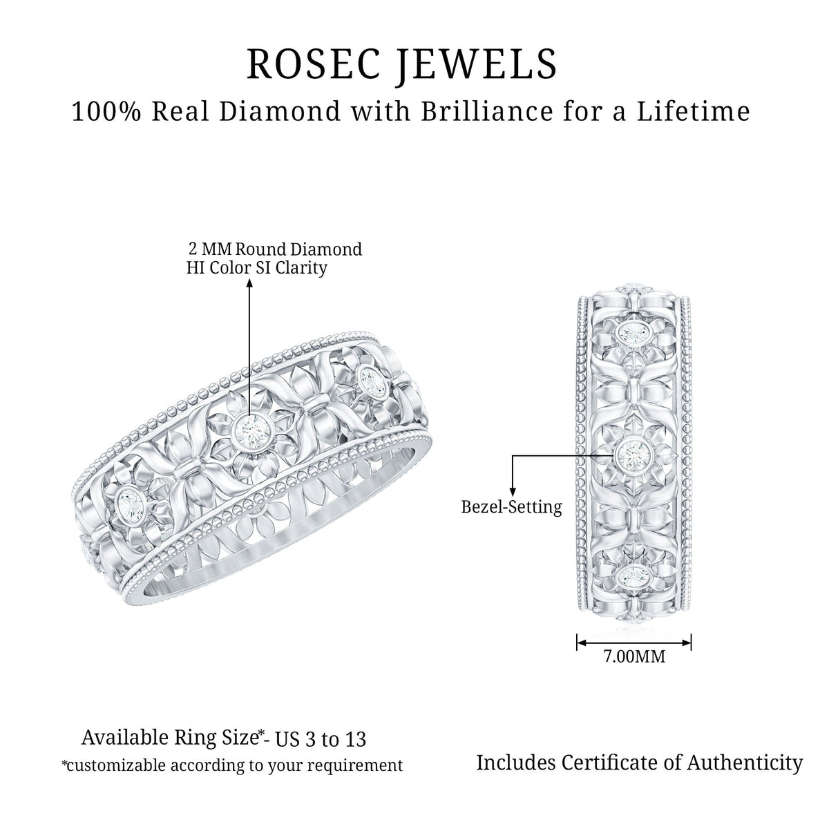 Bezel Set Diamond Flower Filigree Wedding Band