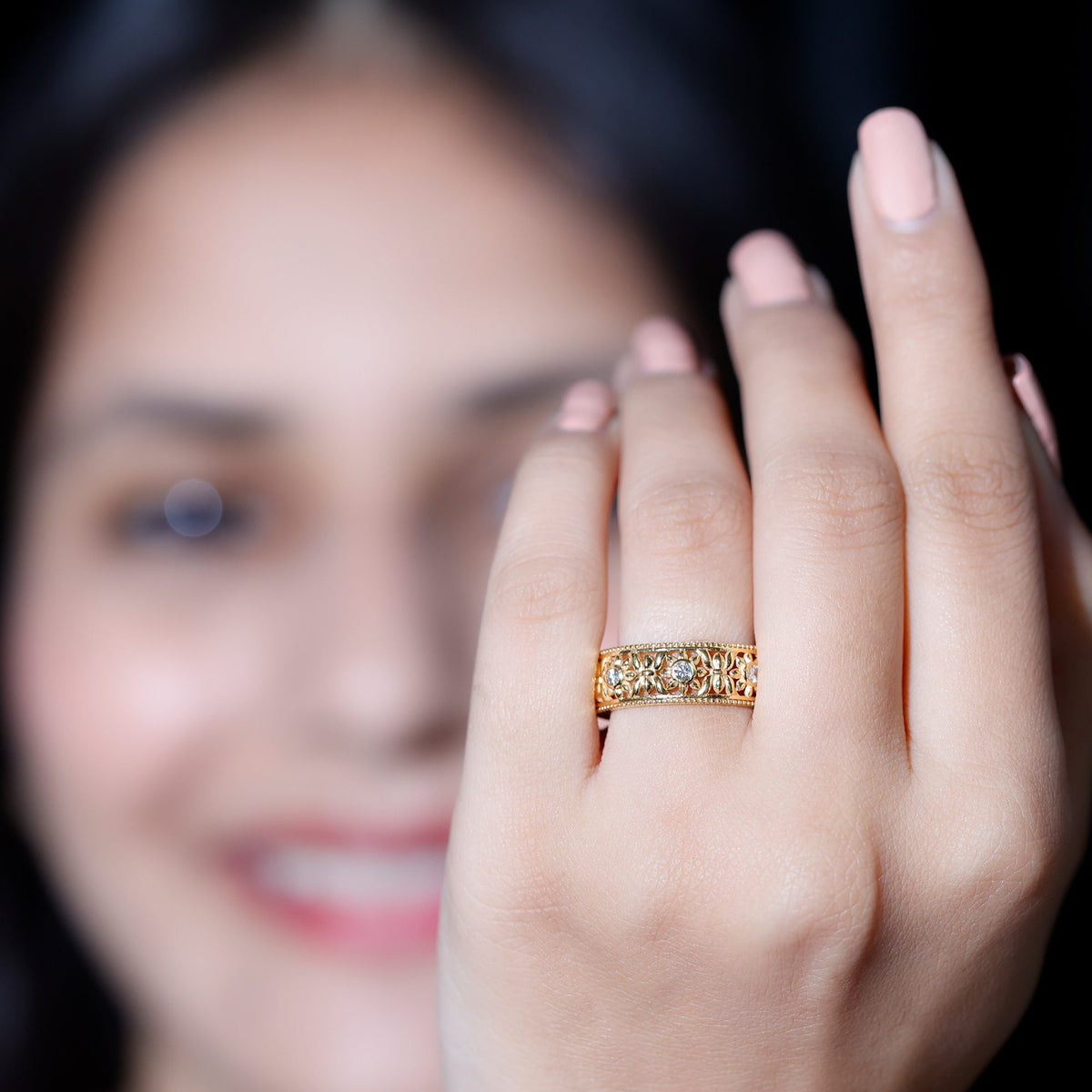 Bezel Set Diamond Flower Filigree Wedding Band