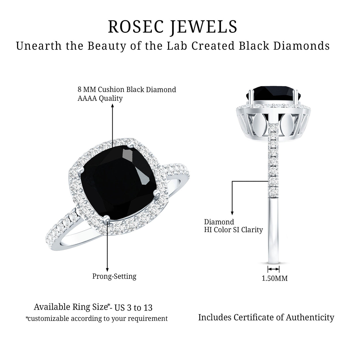 2.8 Carat Lab Grown Black Diamond Cushion Cut Engagement Ring with White Diamond Halo
