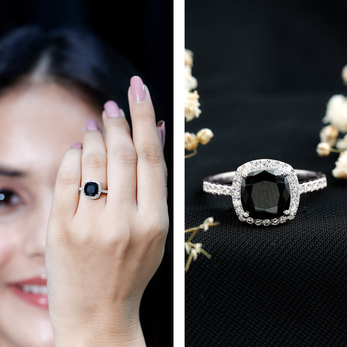 2.8 Carat Lab Grown Black Diamond Cushion Cut Engagement Ring with White Diamond Halo