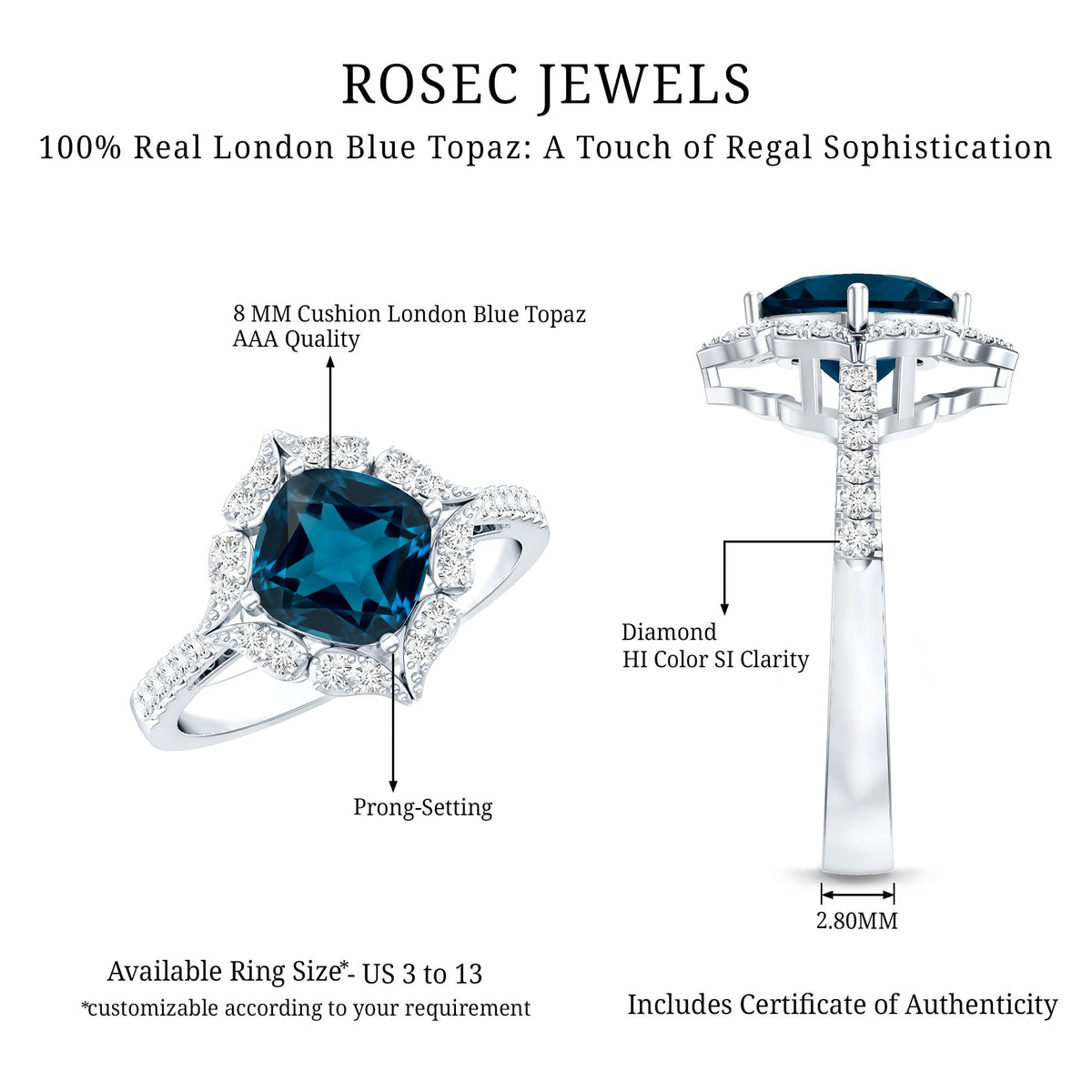 2.8 Carat Cushion Cut London Blue Topaz Nature Engagement Ring with Diamond Halo