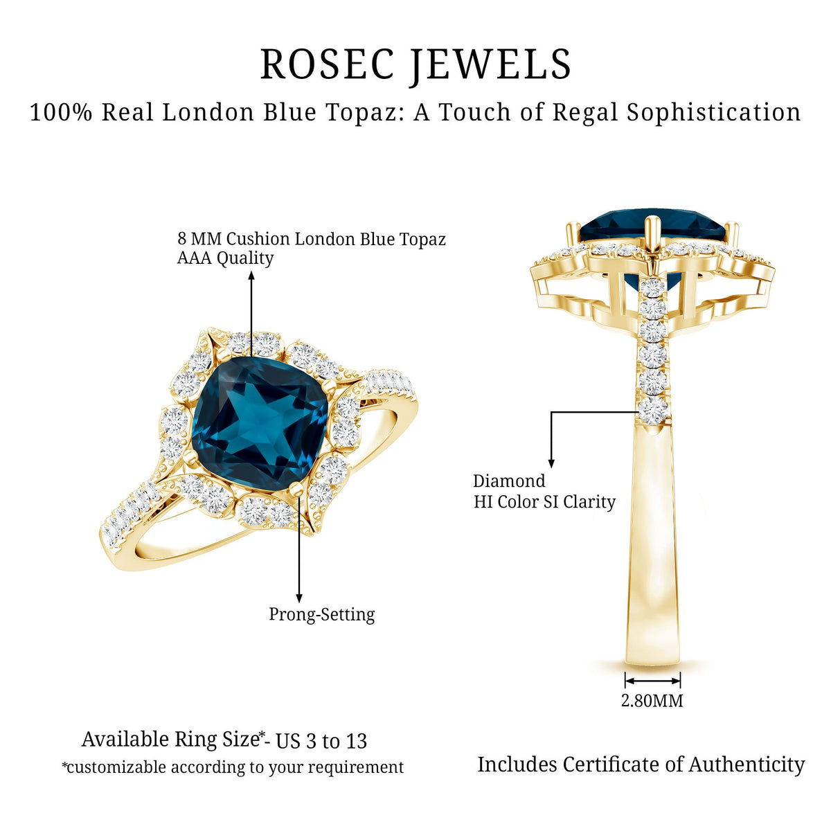 2.8 Carat Cushion Cut London Blue Topaz Nature Engagement Ring with Diamond Halo