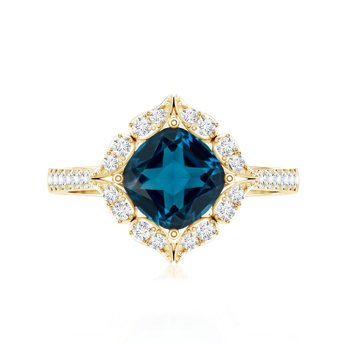 2.8 Carat Cushion Cut London Blue Topaz Nature Engagement Ring with Diamond Halo