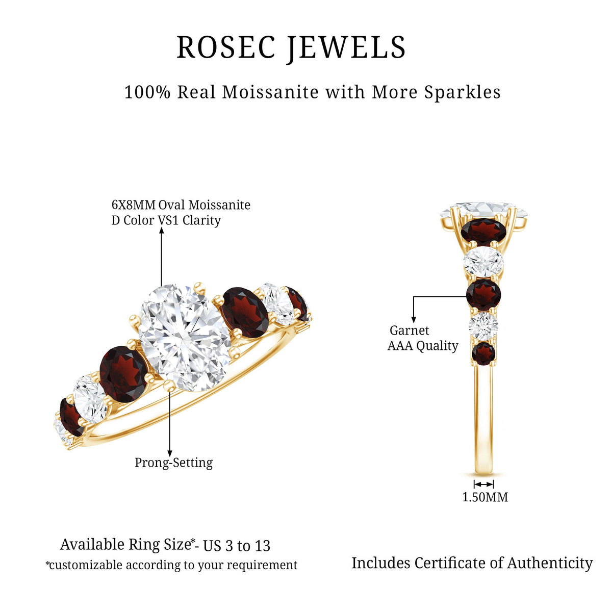 1.2 Carat Certified Moissanite Oval Engagement Ring with Garnet