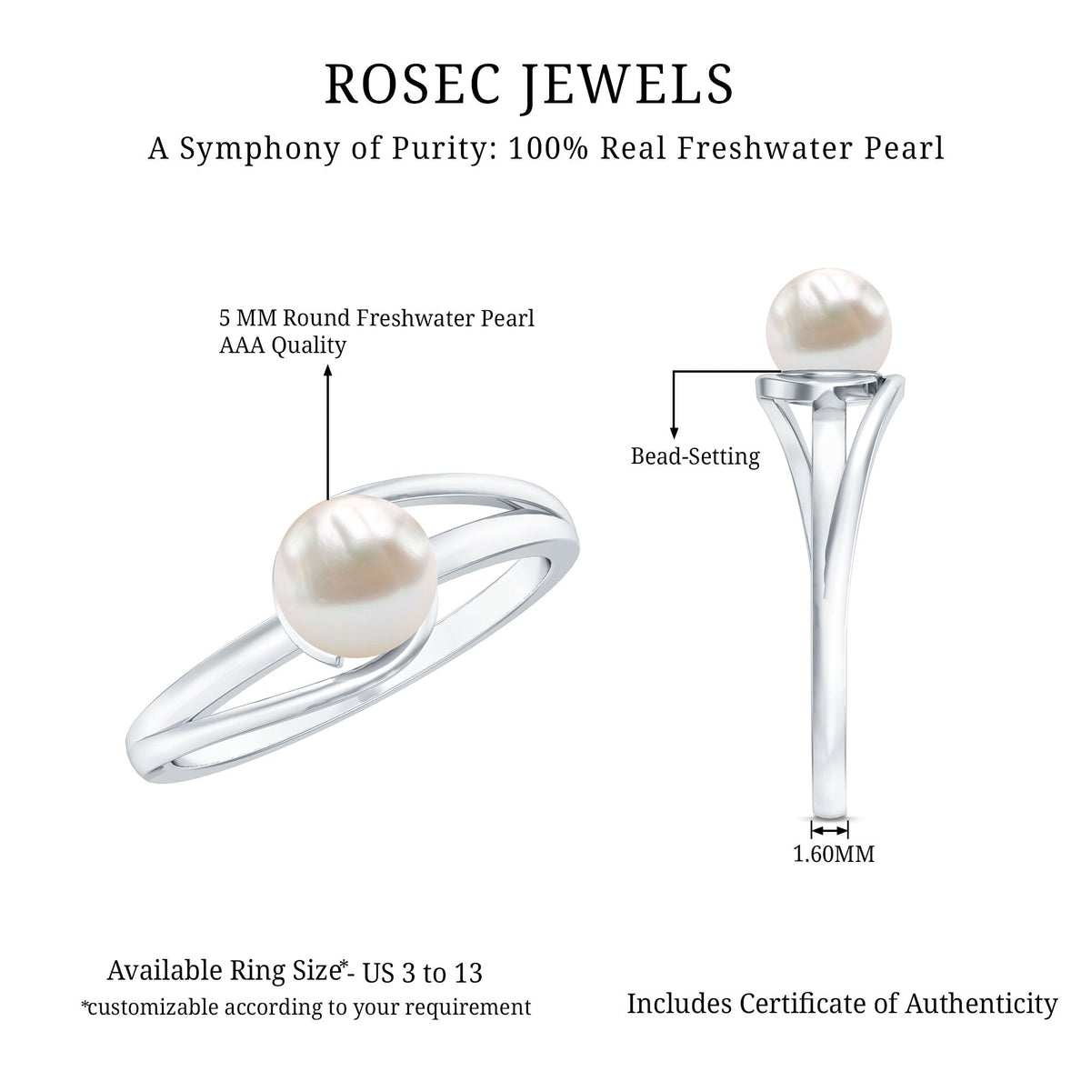2 Carat Cultured Freshwater Pearl Solitaire Engagement Ring with Bypass Shank