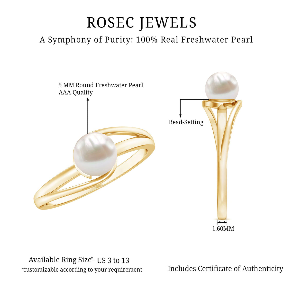 2 Carat Cultured Freshwater Pearl Solitaire Engagement Ring with Bypass Shank