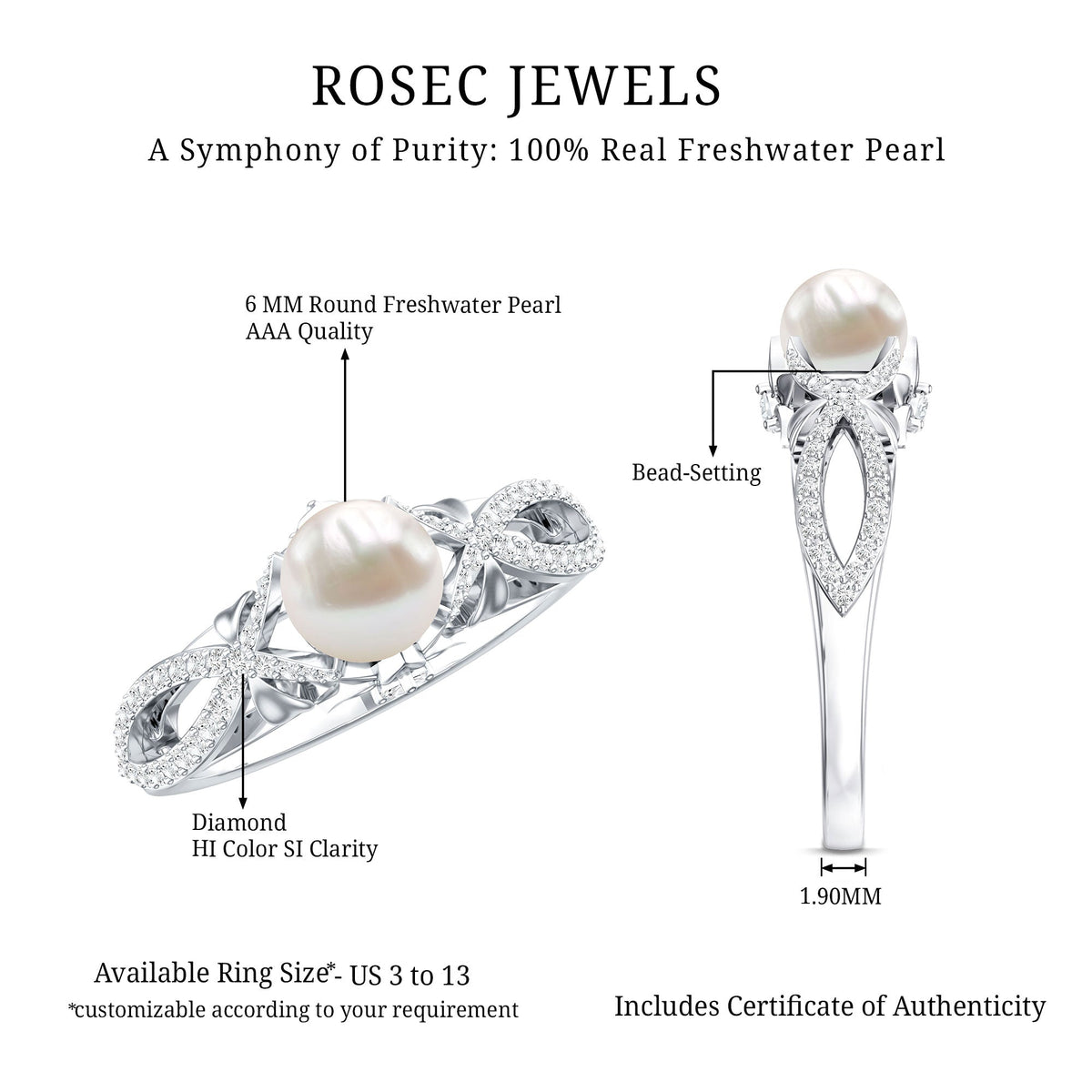 Cultured 2 Carat Freshwater Pearl Solitaire Engagement Ring with Diamond Crossover Shank