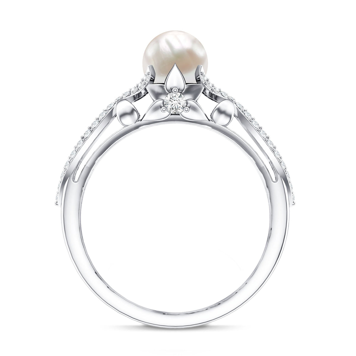 Cultured 2 Carat Freshwater Pearl Solitaire Engagement Ring with Diamond Crossover Shank