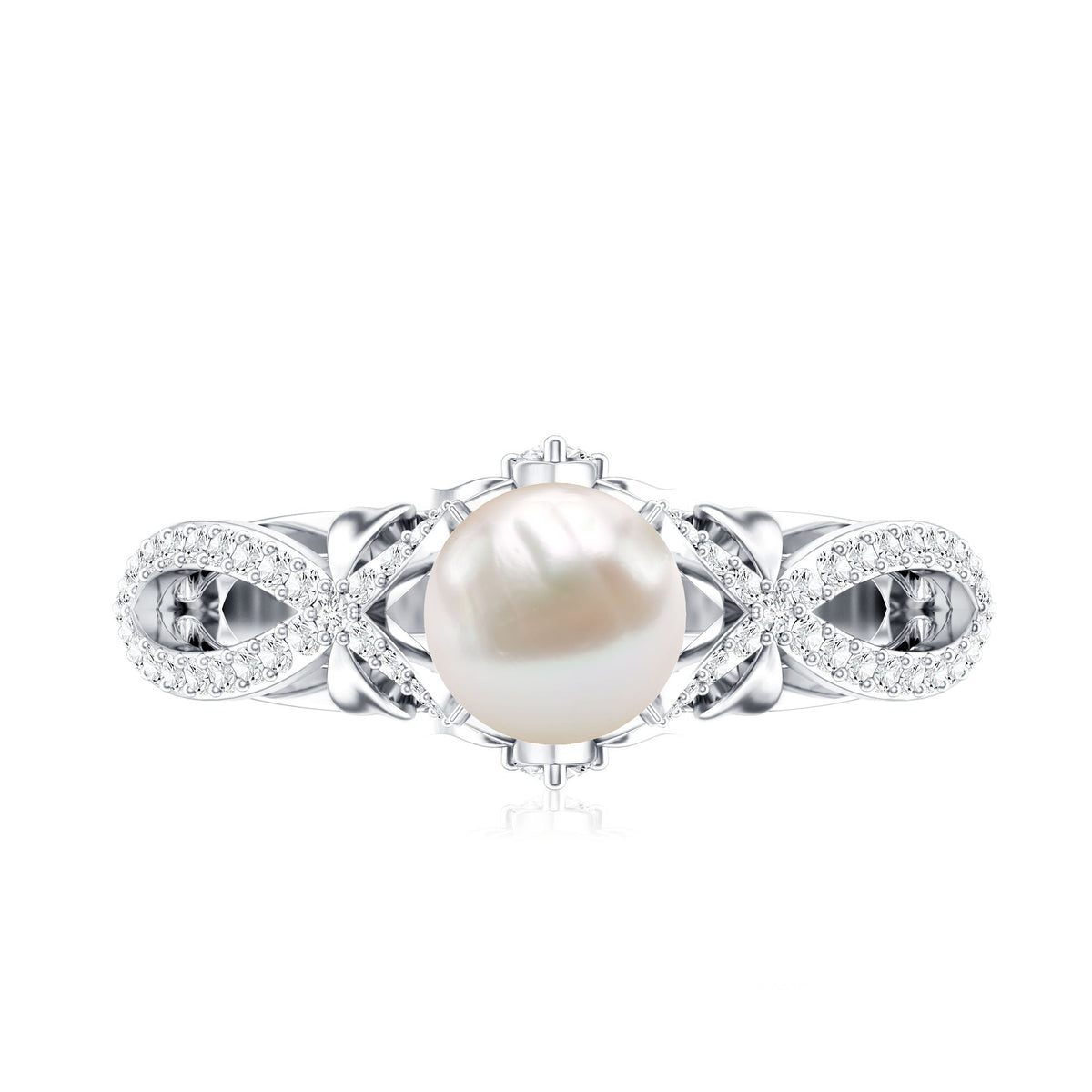 Cultured 2 Carat Freshwater Pearl Solitaire Engagement Ring with Diamond Crossover Shank