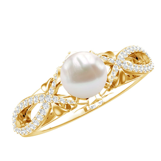 Cultured 2 Carat Freshwater Pearl Solitaire Engagement Ring with Diamond Crossover Shank