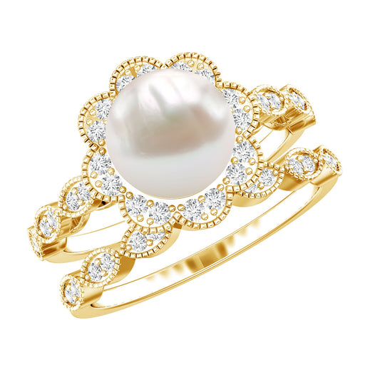 Freshwater Pearl and Diamond Wedding Ring Set