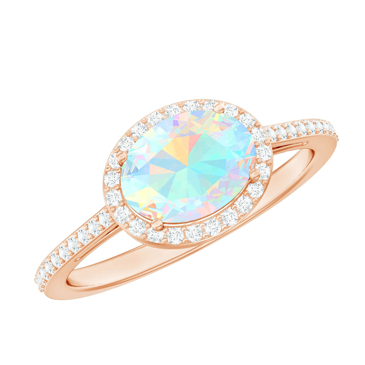 Genuine 1 Carat Oval Opalescent East West Engagement Ring with Diamond Halo