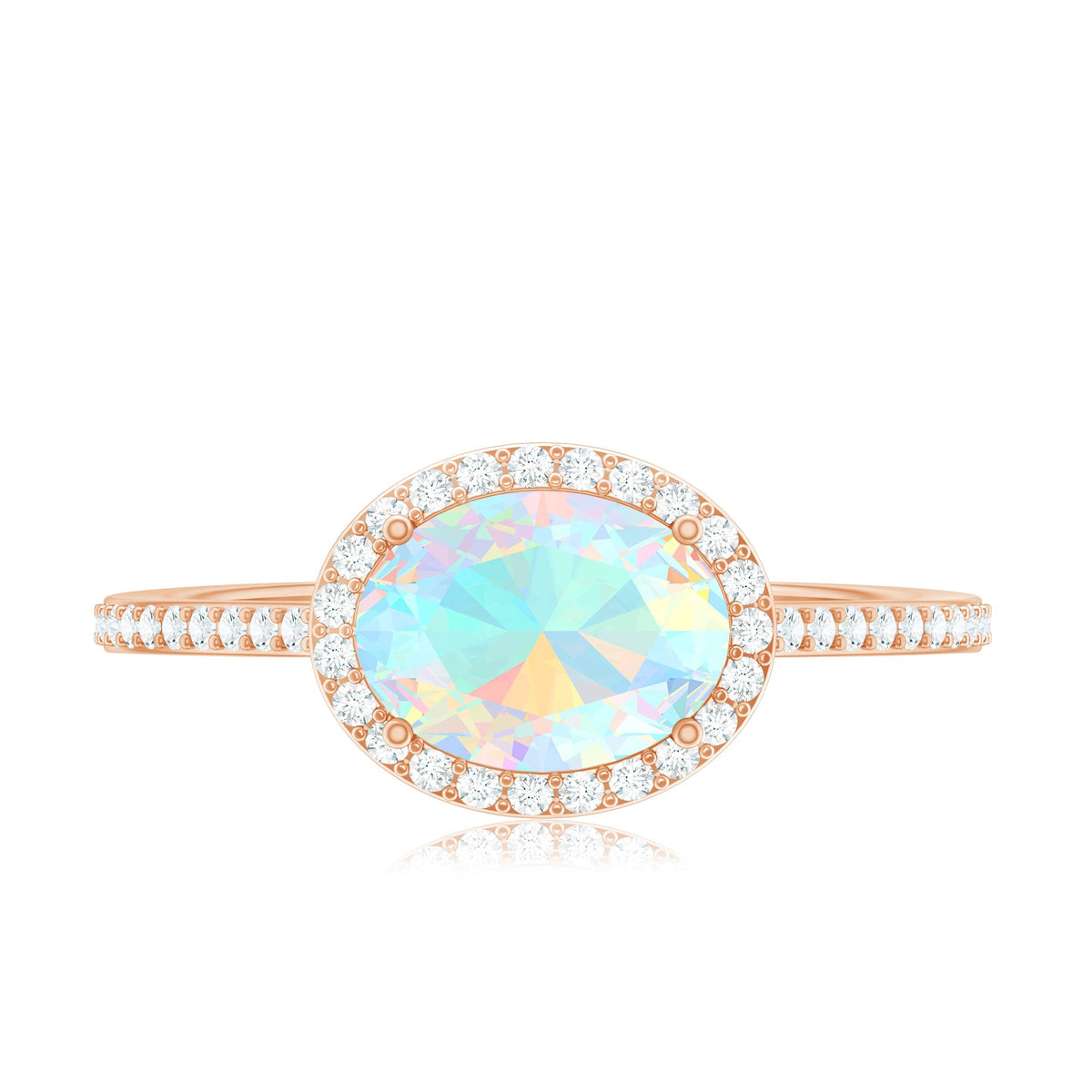Genuine 1 Carat Oval Opalescent East West Engagement Ring with Diamond Halo