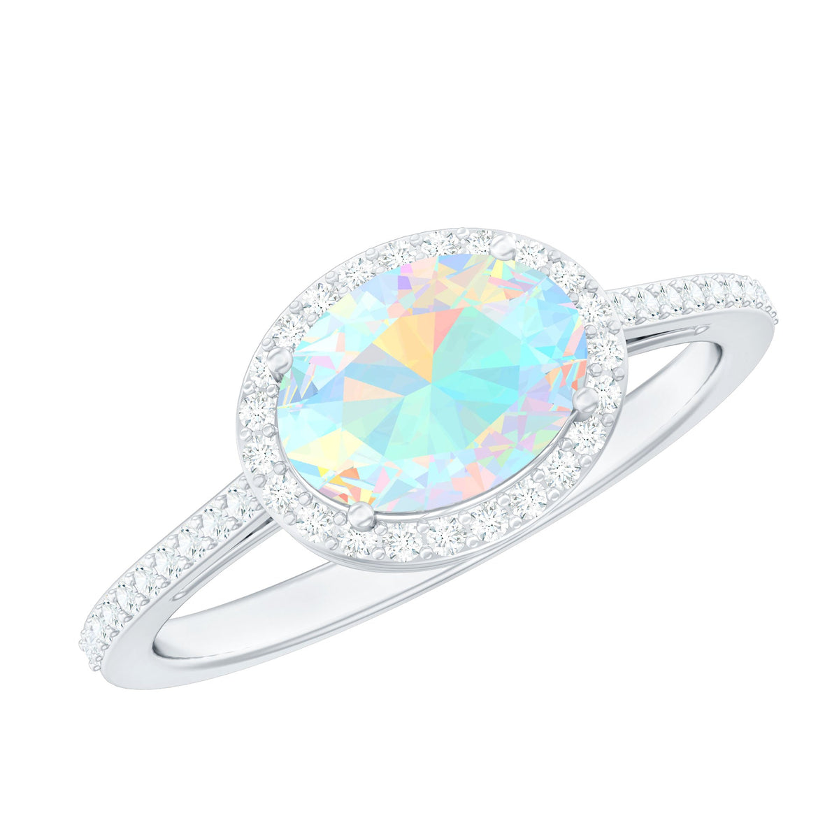 Genuine 1 Carat Oval Opalescent East West Engagement Ring with Diamond Halo