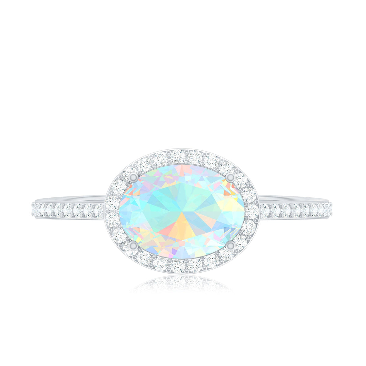 Genuine 1 Carat Oval Opalescent East West Engagement Ring with Diamond Halo