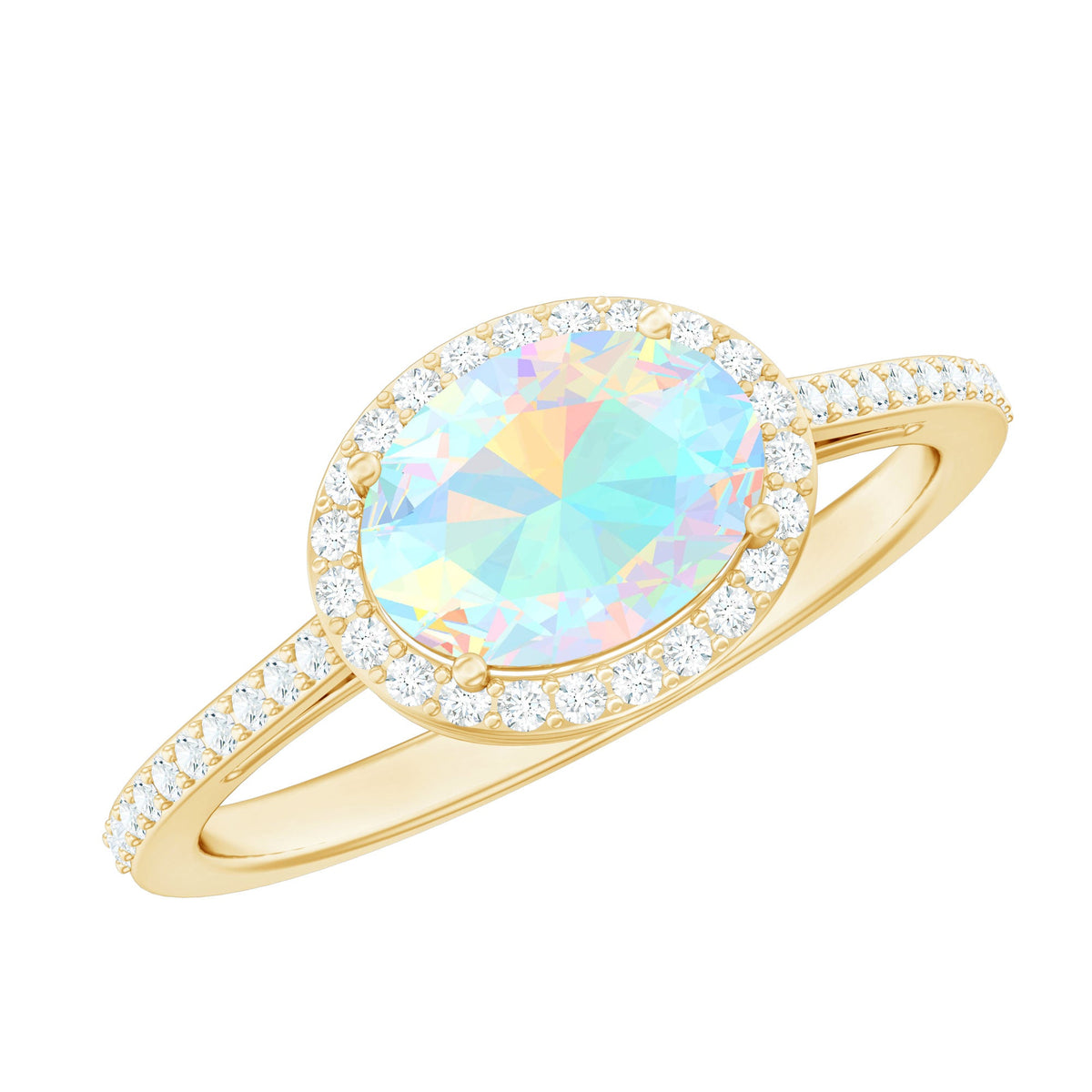 Genuine 1 Carat Oval Opalescent East West Engagement Ring with Diamond Halo