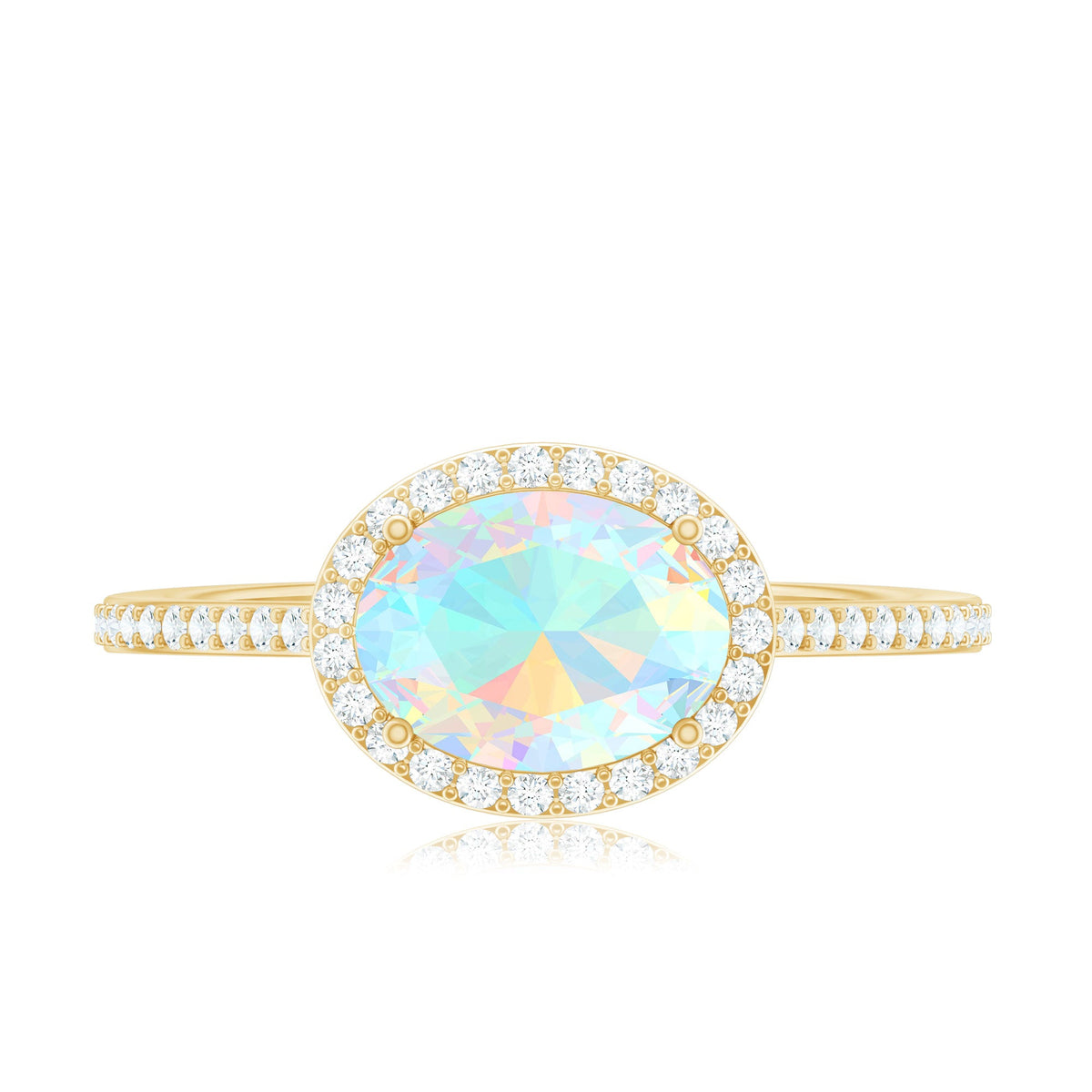 Genuine 1 Carat Oval Opalescent East West Engagement Ring with Diamond Halo