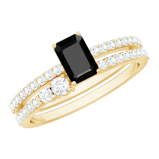 Emerald Cut Black Onyx and Diamond Bridal Ring Set