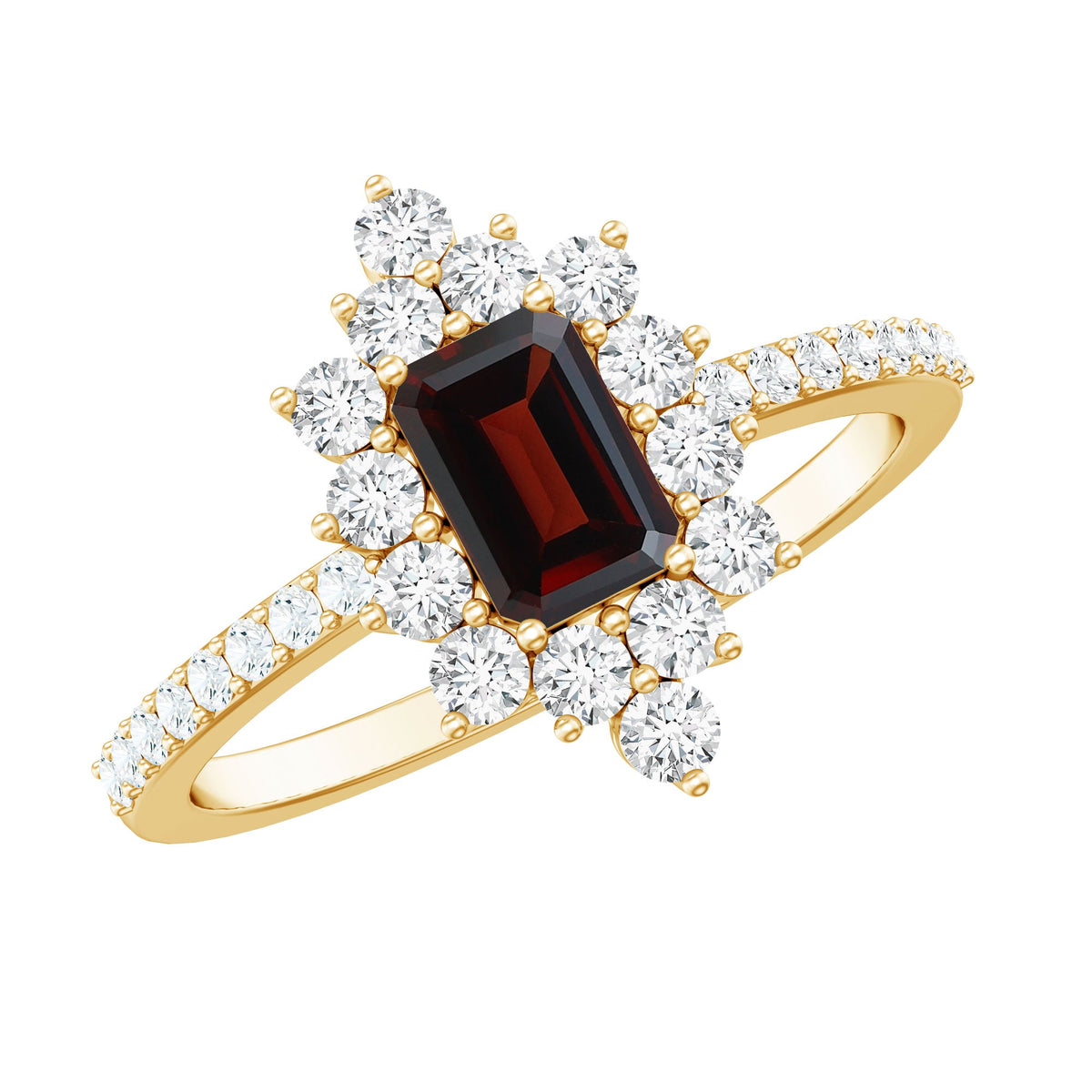 Vintage Inspired Garnet Emerald Cut Engagement Ring with Diamond Halo