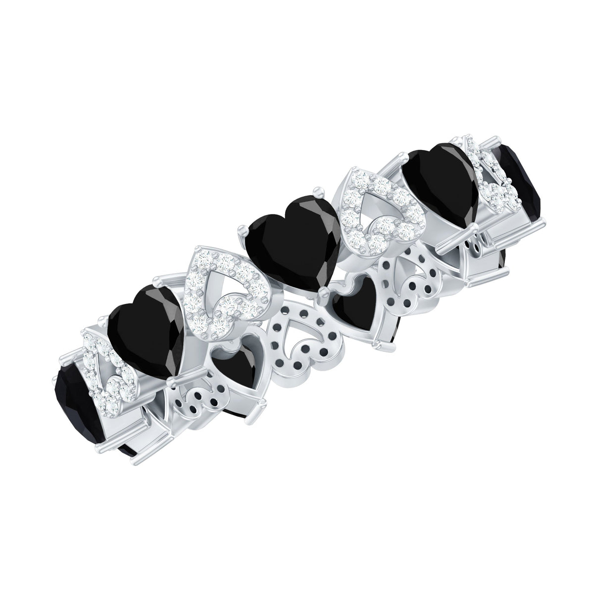 Genuine Black Onyx and Diamond Heart Wedding Band