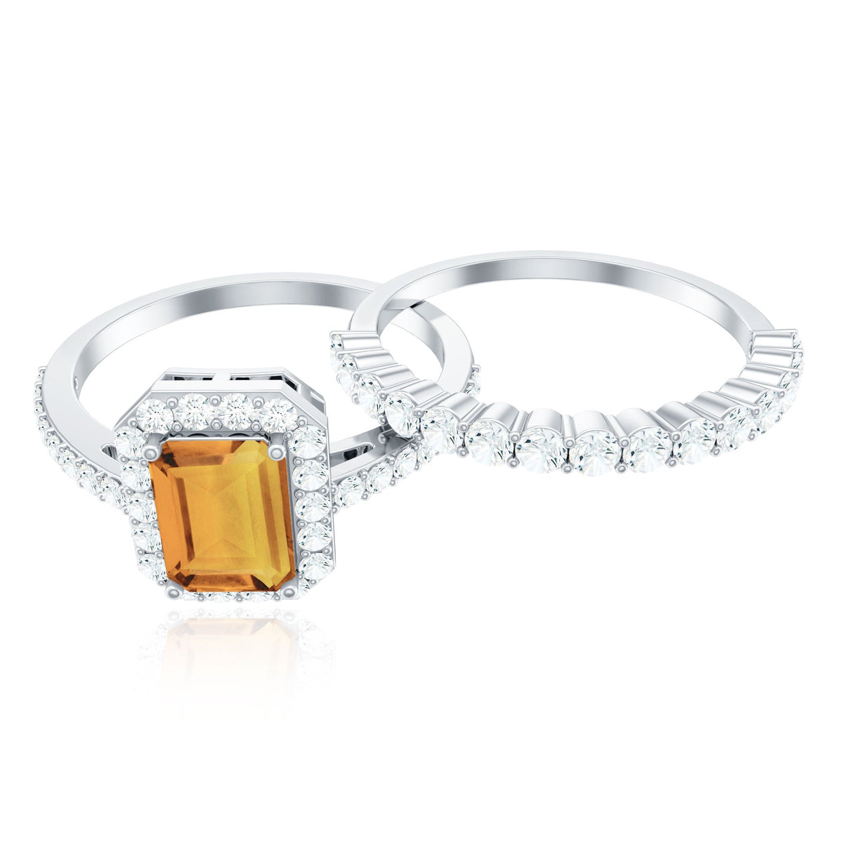 1.80 Carat Emerald Cut Citrine Engagement Ring with Moissanite Wedding Band