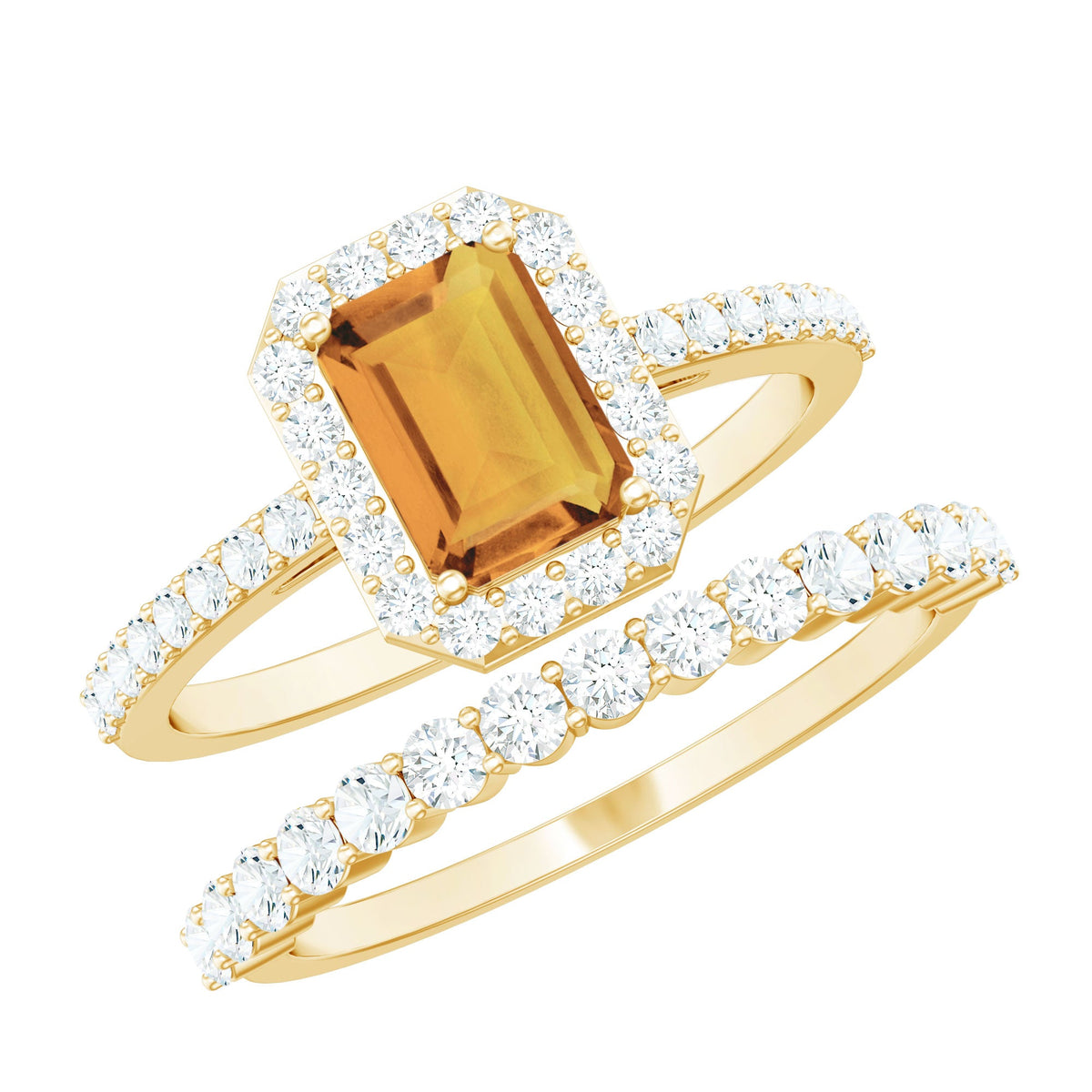 1.80 Carat Emerald Cut Citrine Engagement Ring with Moissanite Wedding Band