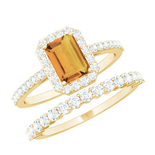 1.80 Carat Emerald Cut Citrine Engagement Ring with Moissanite Wedding Band