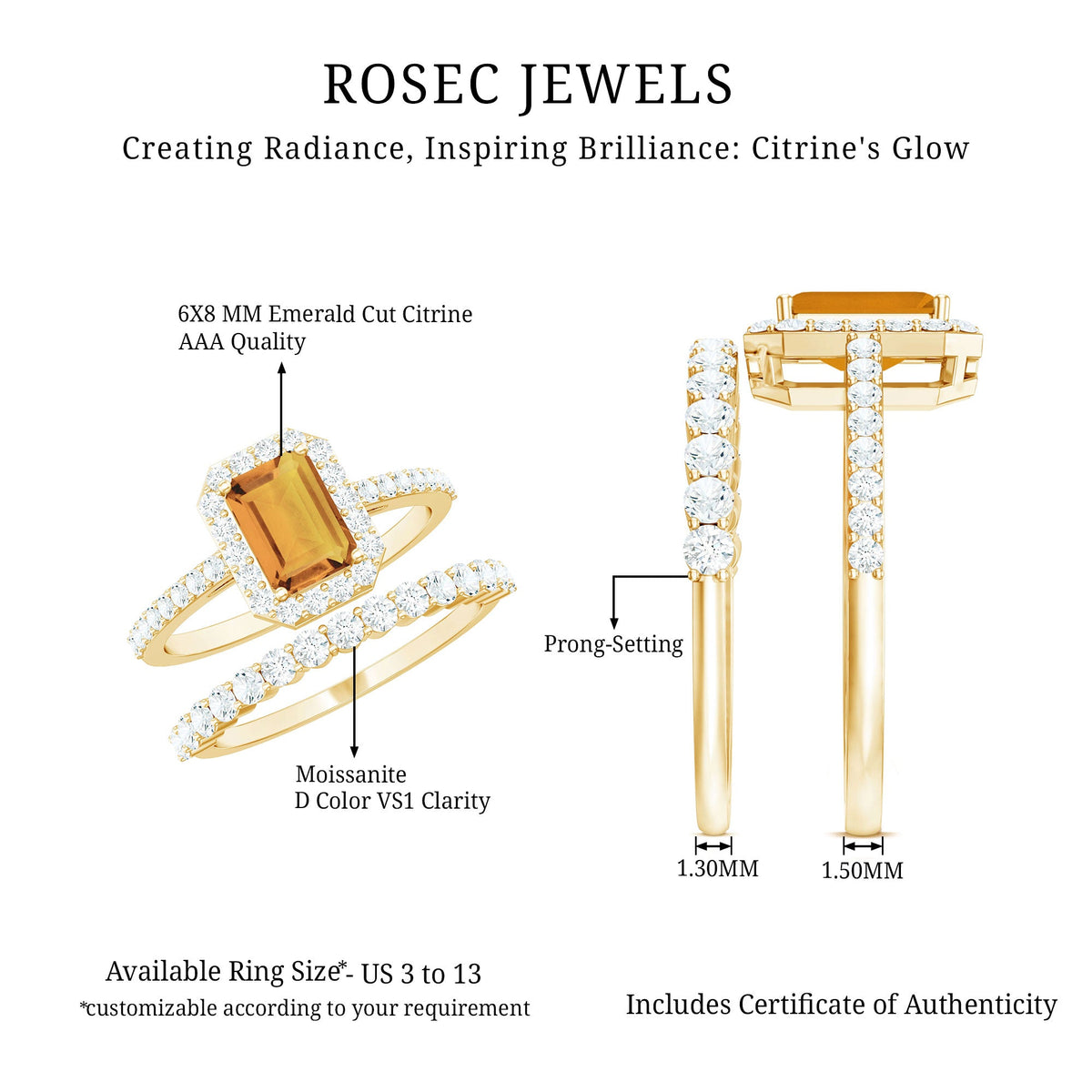 1.80 Carat Emerald Cut Citrine Engagement Ring with Moissanite Wedding Band