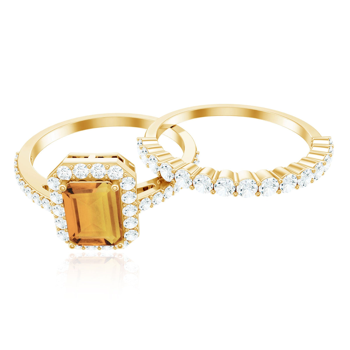 1.80 Carat Emerald Cut Citrine Engagement Ring with Moissanite Wedding Band