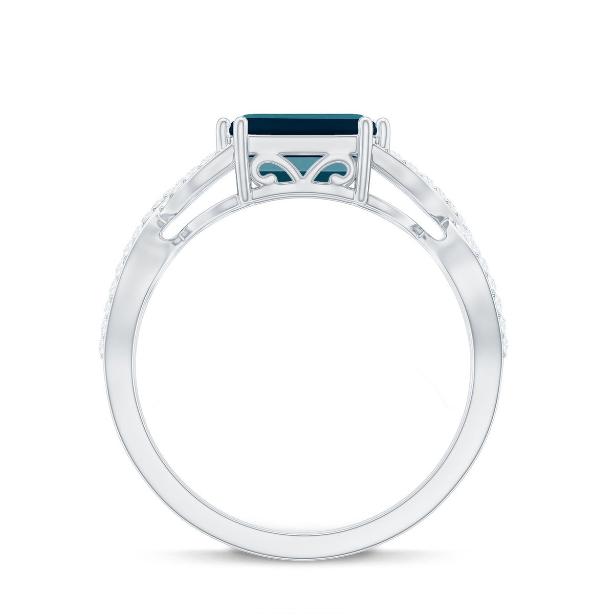 2.2 Carat Emerald Cut London Blue Topaz East West Engagement Ring with Diamond