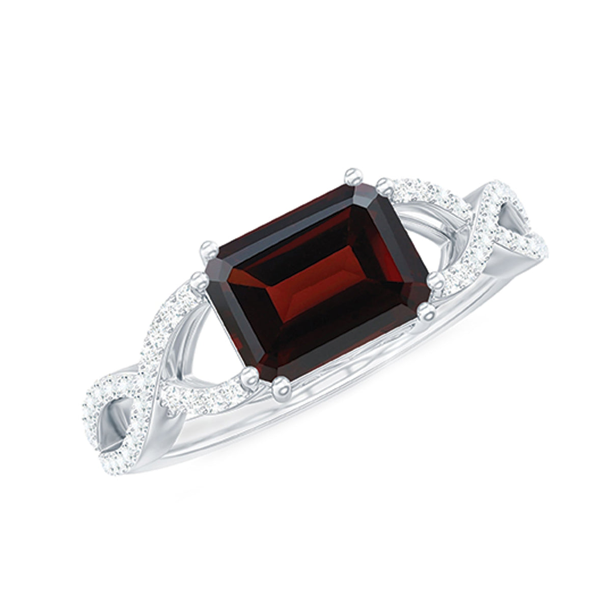Certified Real Garnet Diamond Emerald Cut Engagement Ring in East West Style
