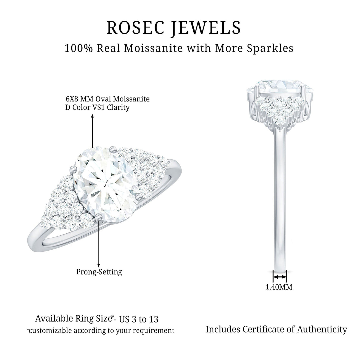 1.2 Carat Oval Moissanite Engagement Ring with Cluster Side Stones