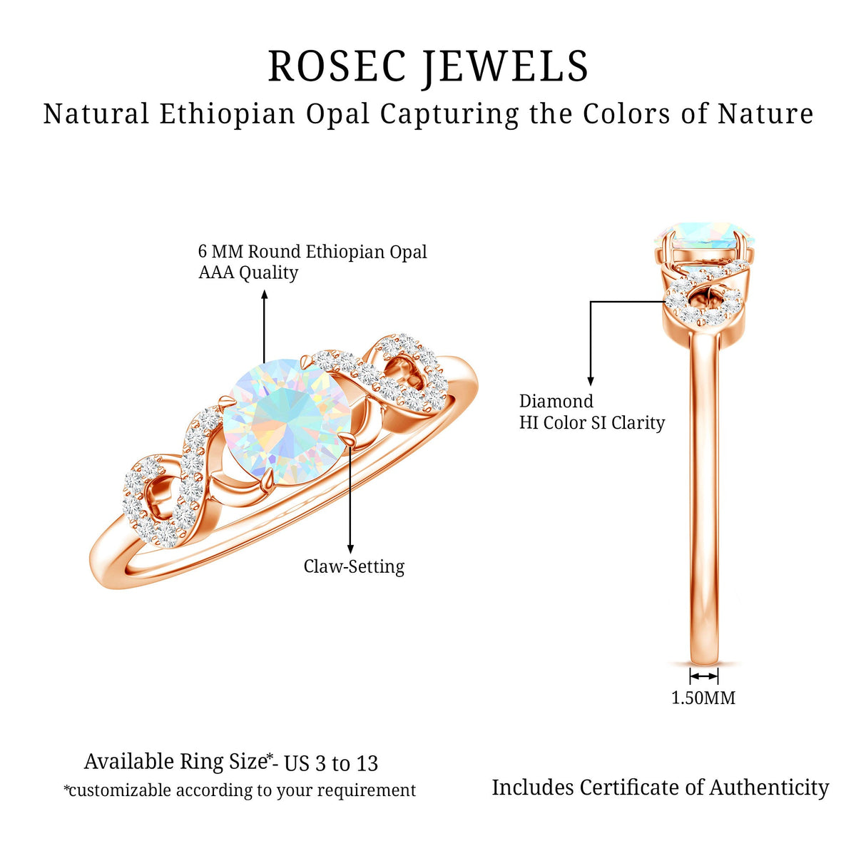 Certified Real Ethiopian Rainbow Opal Diamond Engagement Ring with Criss Cross Shank
