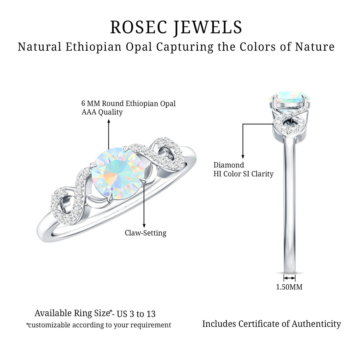 Certified Real Ethiopian Rainbow Opal Diamond Engagement Ring with Criss Cross Shank