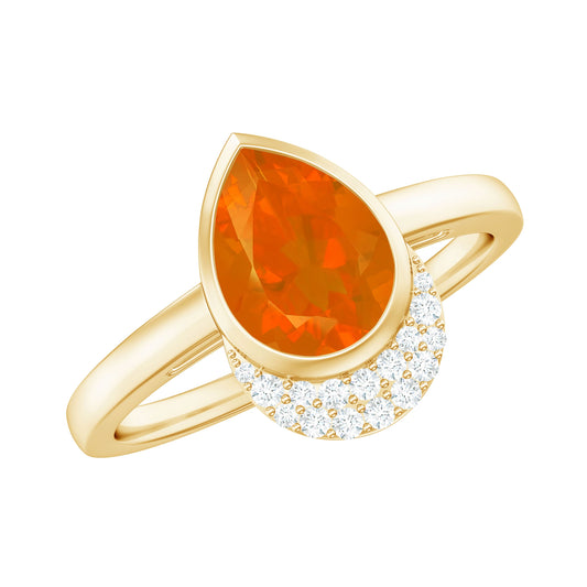Bezel Set Fire Opal Teardrop Cocktail Engagement Ring with Diamond Accent