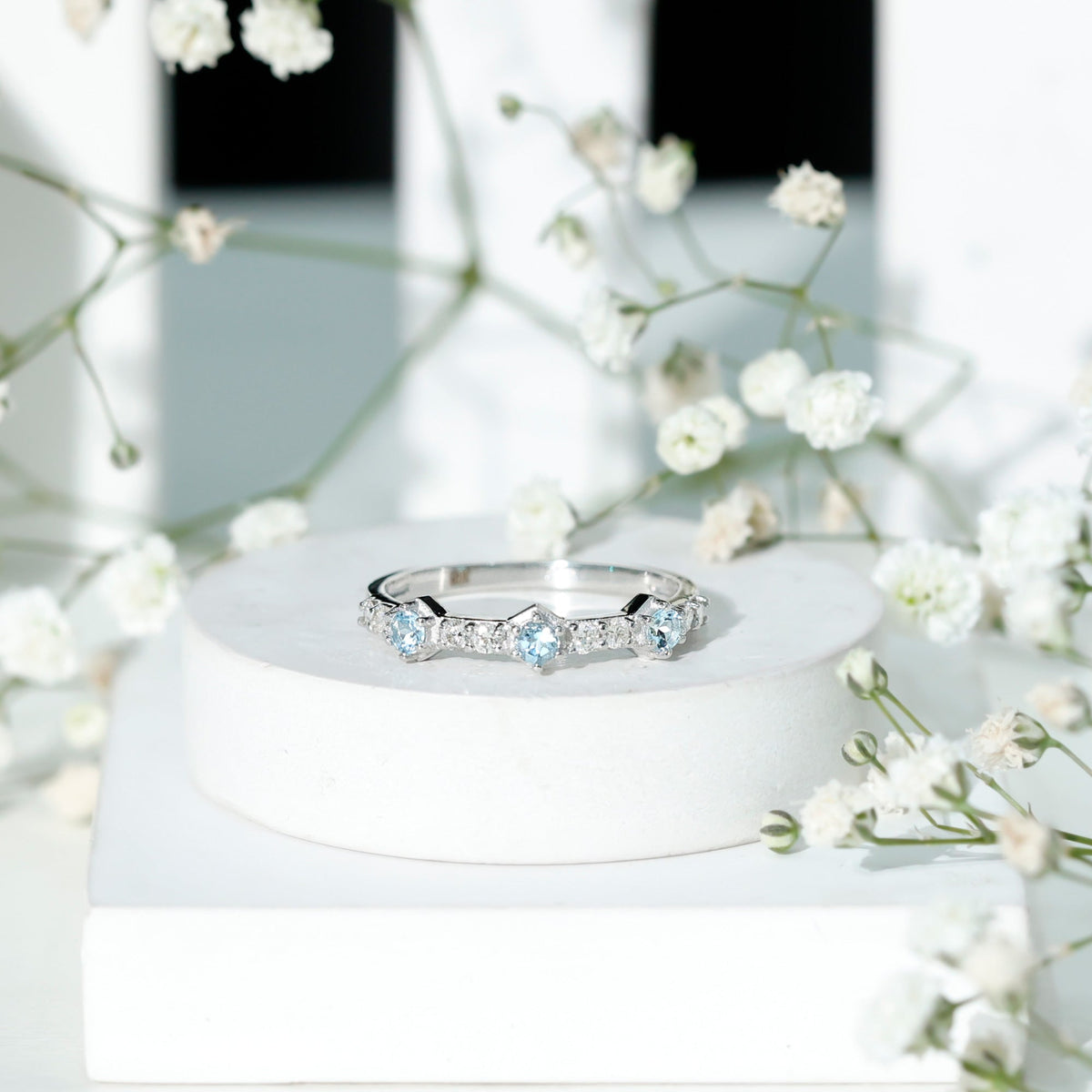 Aquamarine and Diamond Half Eternity Wedding Band for Women
