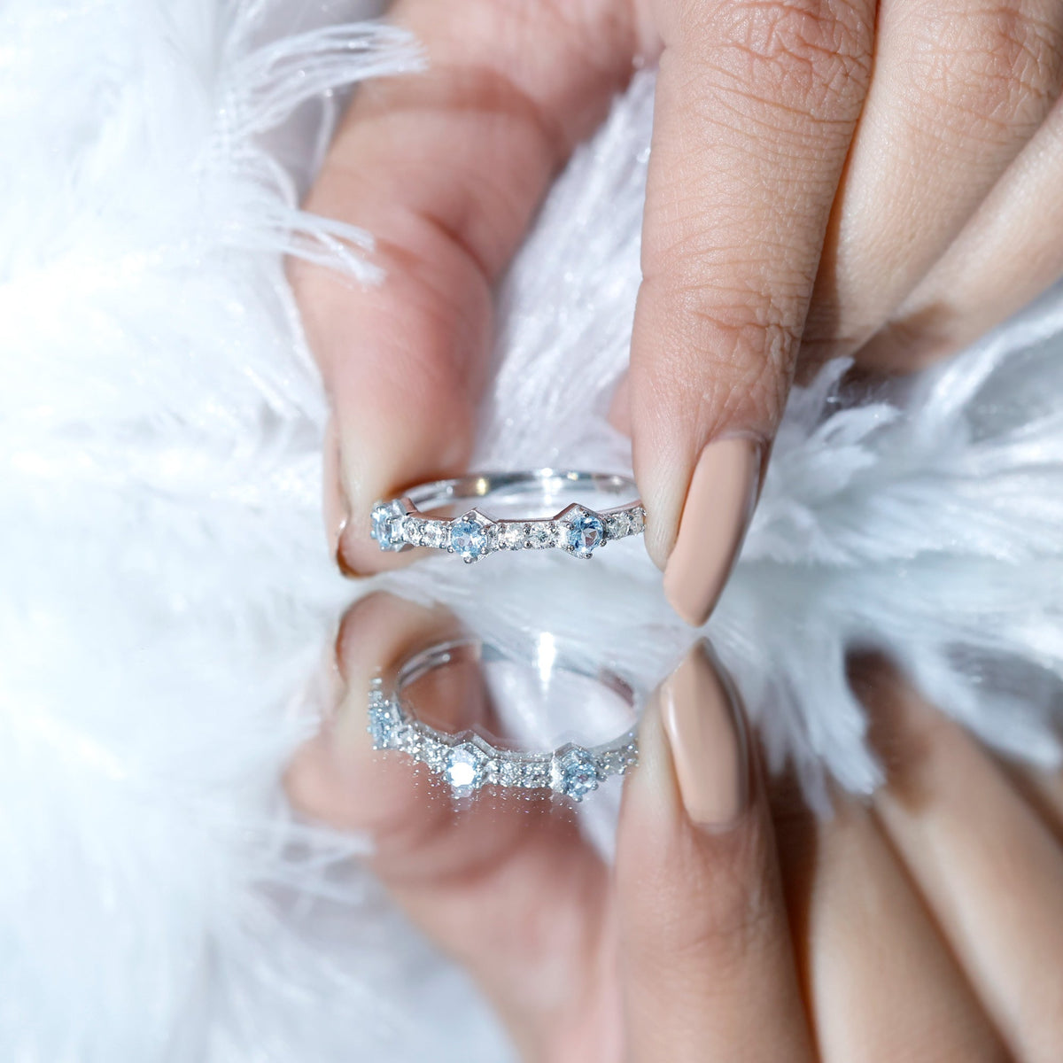 Aquamarine and Diamond Half Eternity Wedding Band for Women