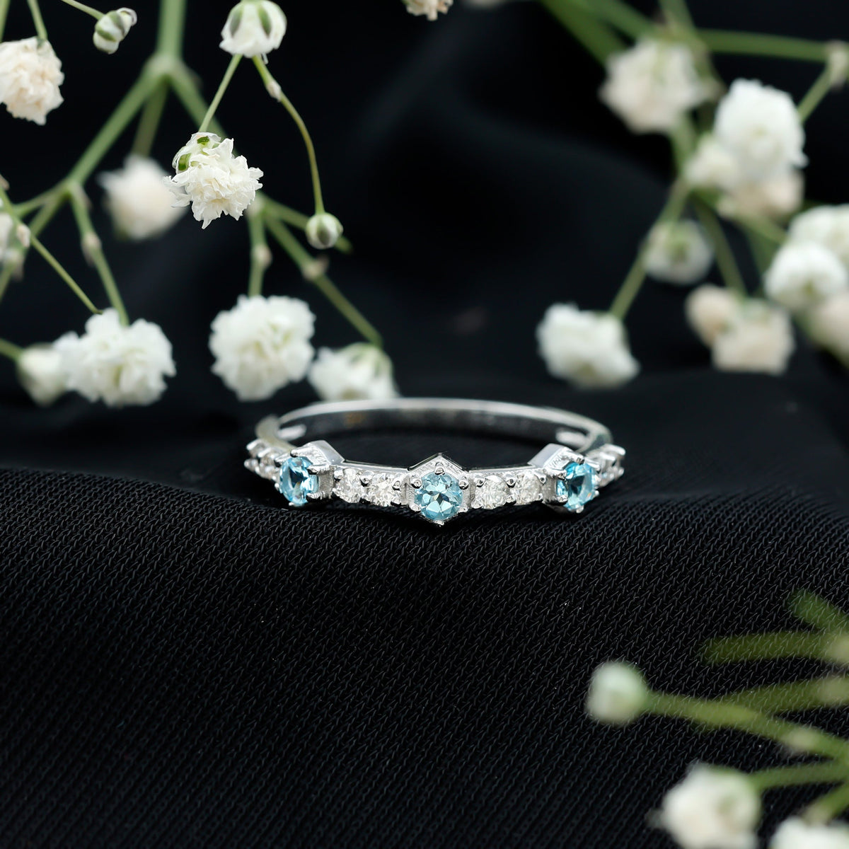 Aquamarine and Diamond Half Eternity Wedding Band for Women