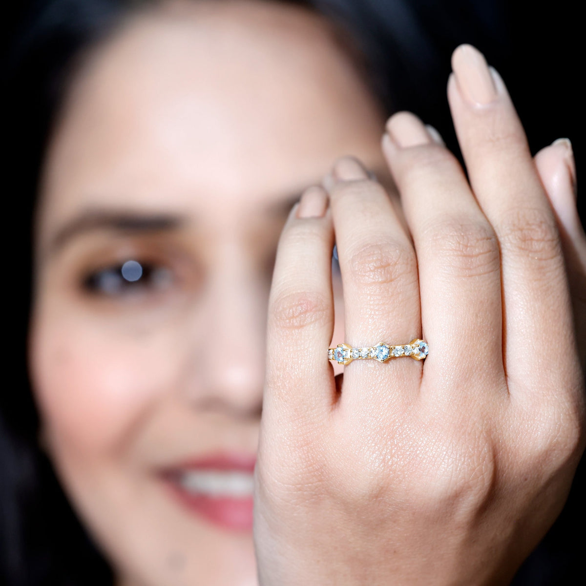 Aquamarine and Diamond Half Eternity Wedding Band for Women