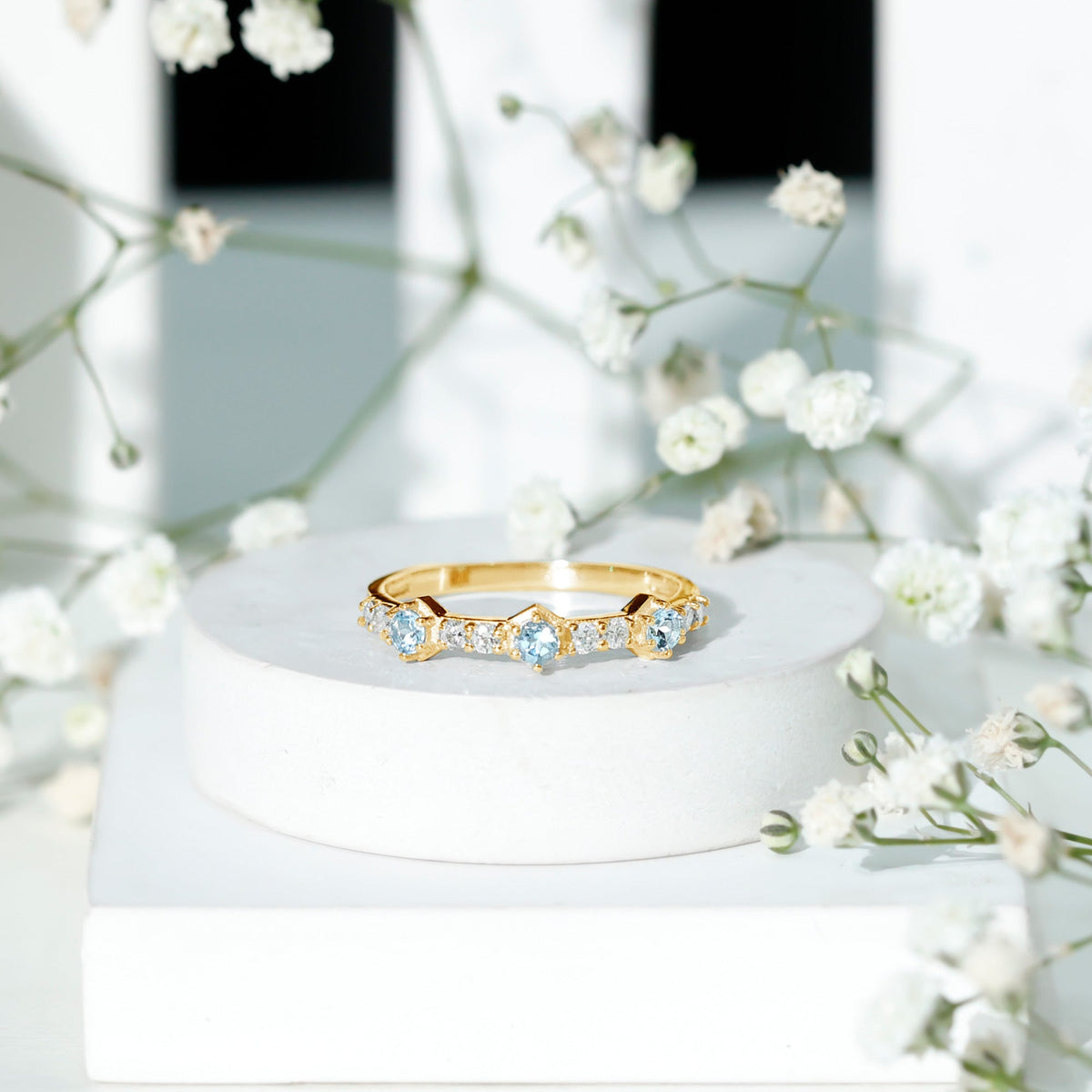 Aquamarine and Diamond Half Eternity Wedding Band for Women