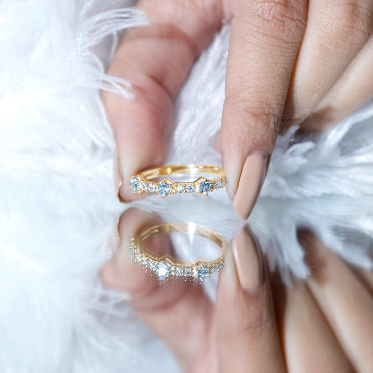 Aquamarine and Diamond Half Eternity Wedding Band for Women