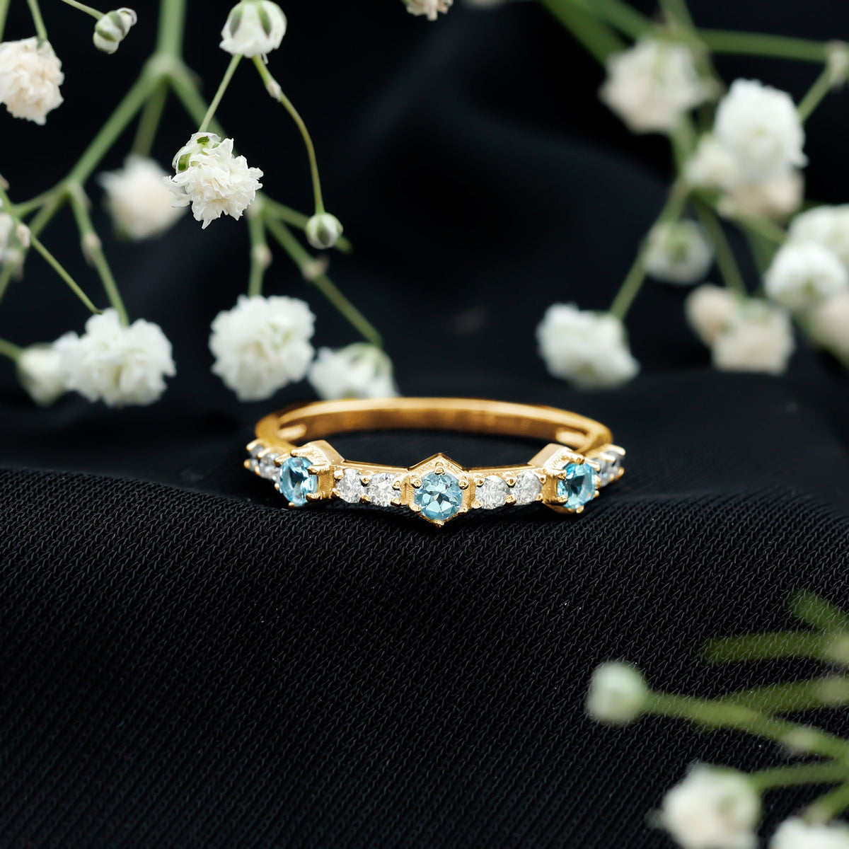 Aquamarine and Diamond Half Eternity Wedding Band for Women