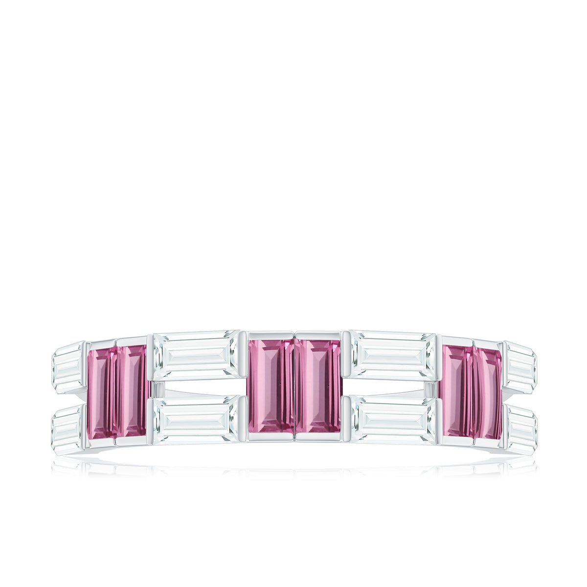 Baguette Shape Pink Tourmaline and Moissanite Half Eternity Ring