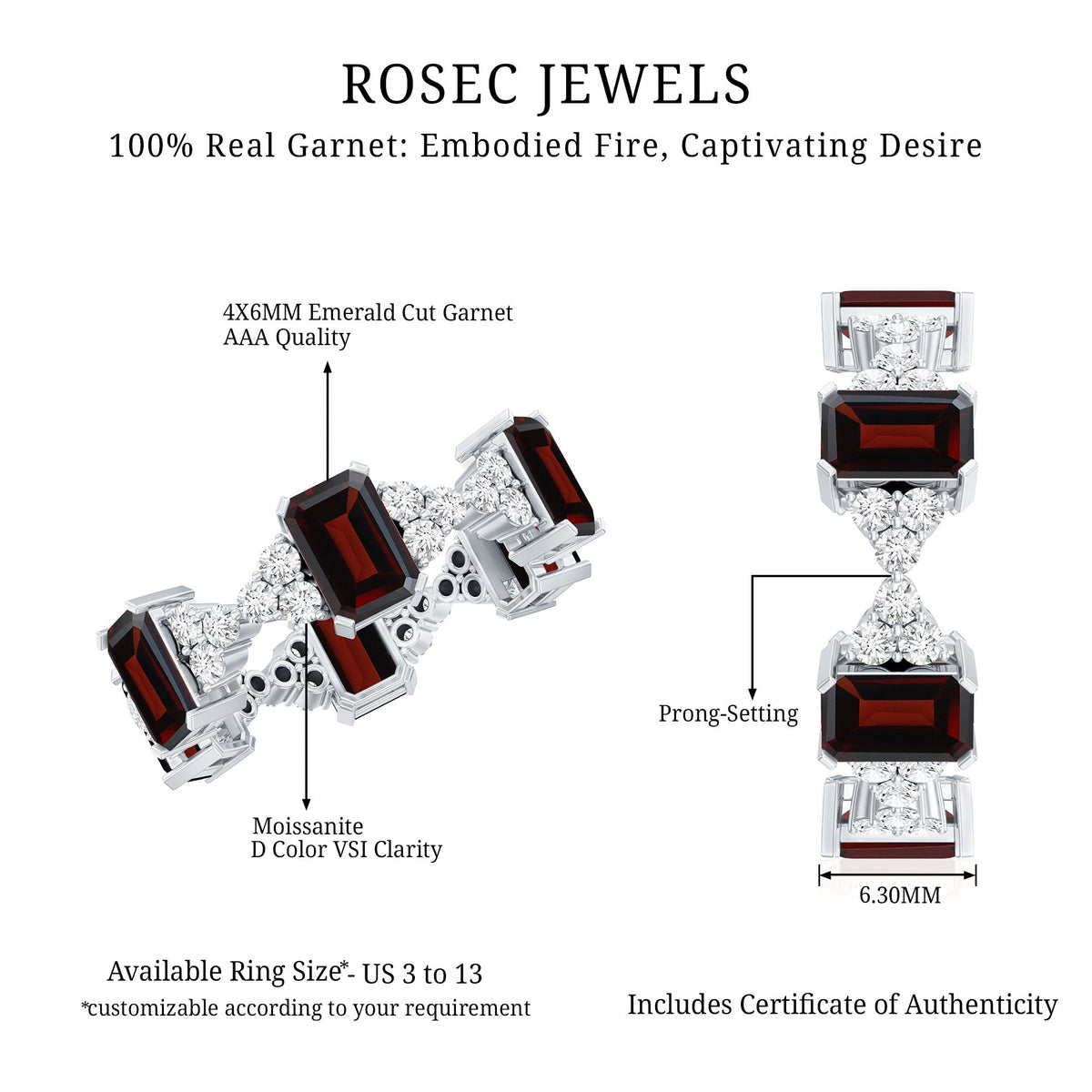 Art Deco Emerald Cut Garnet Eternity Band Ring with Moissanite