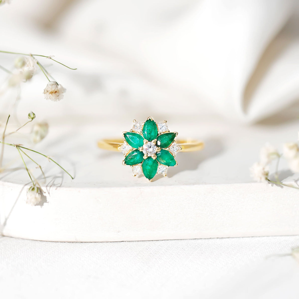 Genuine Emerald and Diamond Nature Inspired Statement Ring