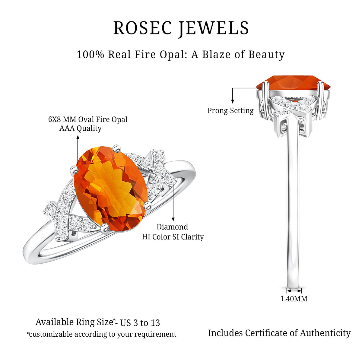 1 Carat Oval Fire Opal and Diamond Engagement Ring with Split Shank