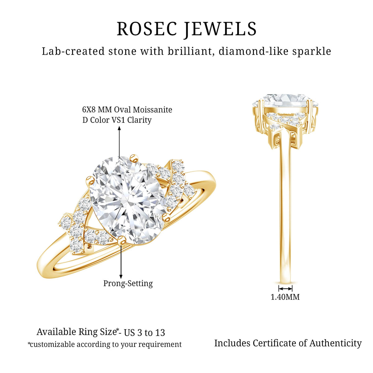 Certified Moissanite Oval Engagement Ring in Split Shank