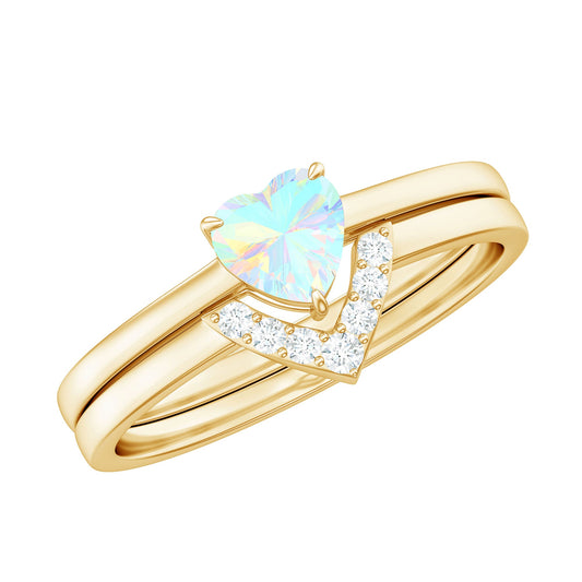 Ethiopian Opal Heart Engagement Ring with Diamond Wedding Band